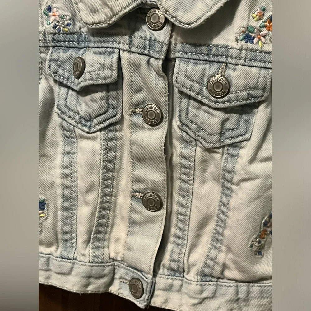 OshKosh B'gosh Girl’s Light Blue Denim Jacket, Snaps. Embroidered Detail, 18 Mo